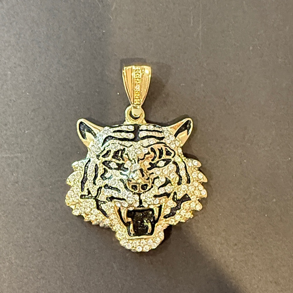 Large Gold Clear Crystal and Black Enamel Tiger Pendant